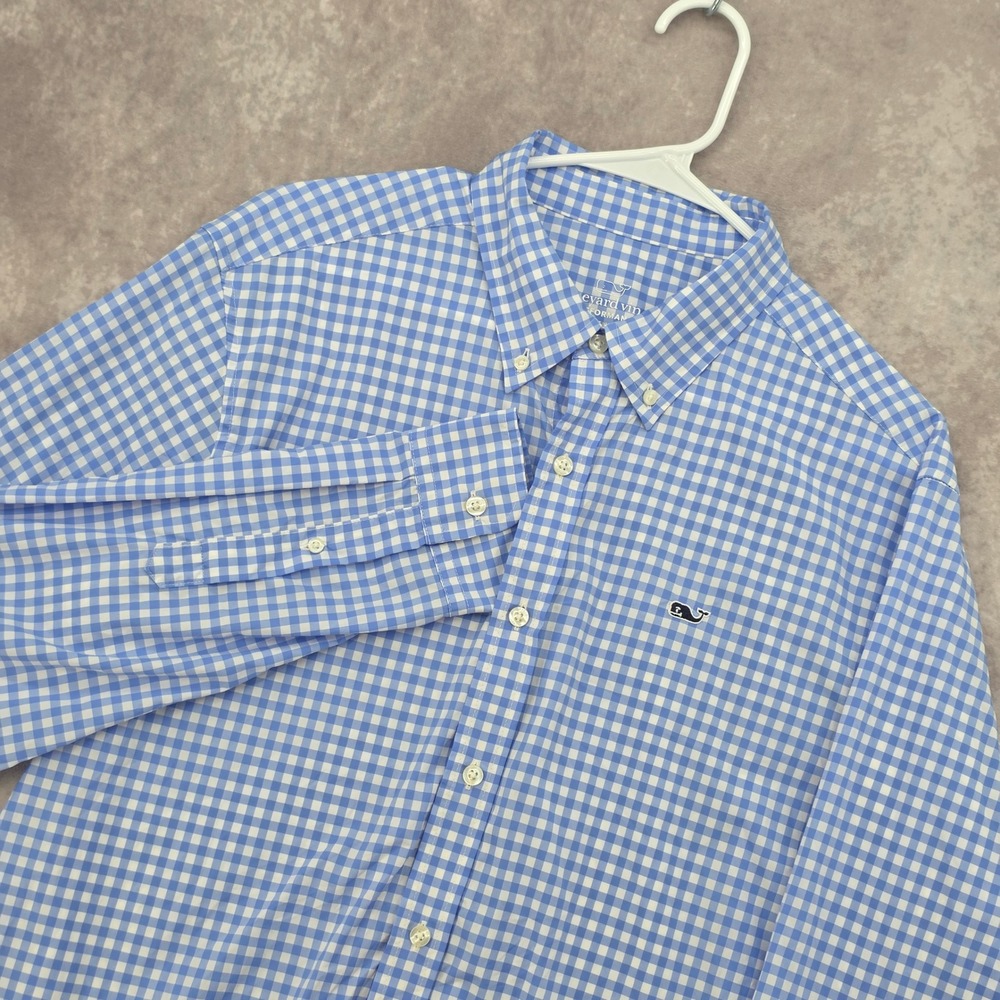 Vineyard Vines Performance Button Down Shirt Mens Large Blue Gingham Whale Logo